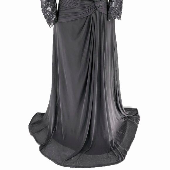 LA FEMME 30384 Ruched Twist Column Gown Size 12 Gunmetal Lace Net Jersey NWOT - Picture 5 of 12